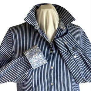 Talbots Blue Stripe Long Slv Fitted Shirt Sz6 Floral Flip Cuff Wrinkle Resistant